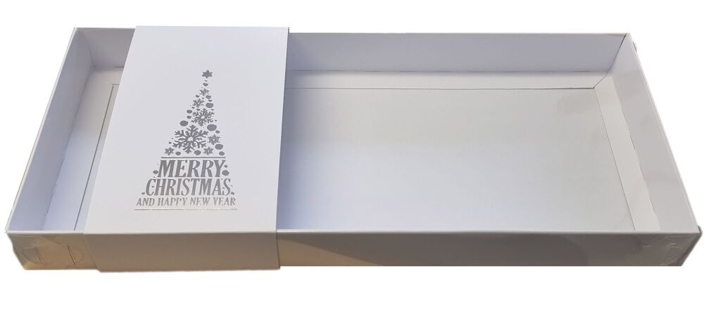 Christmas Tree White Large Rectangle Biscuit/Cookie Box With  Clear Lid & Silver foiled belly band - 290mm x 130mm x 30mm - Pack of 10