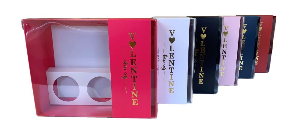 Valentine's Hamper Boxes With Clear Lid and "be my Valentine" Gold Foiled Belly Band & 3PK Cupcake Inserts (Colour to be chosen)- 250mm x 195mm x 70mm