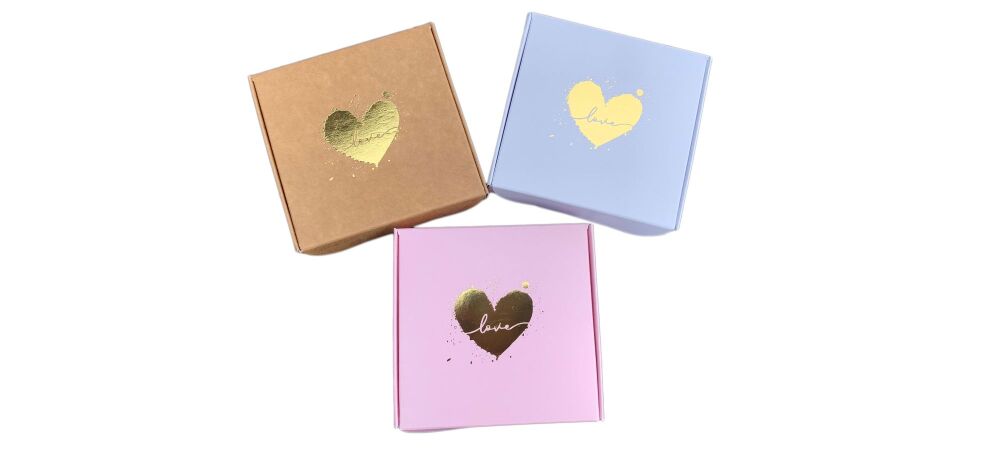 Valentine's Tamper Proof Single Cookie Box , Gold Foiled "Love Heart" (Colour to be chosen) - 100mm x 100mm x 20mm - Pack of 10