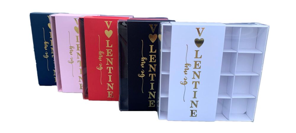 Valentine's 16pk Chocolate Box  With "be my Valentine" Gold Foiled Belly Band &  White Insert (Colour to be chosen) - 155mm x 155mm x 30mm - Pack of 1