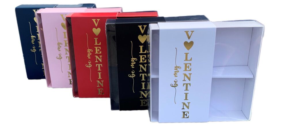 Valentine's 4pk Large Square Brownie Box With "be my Valentine" Gold Foiled Belly Band, Clear Lid and White Insert (Colour to be Chosen)- 155mm x 155m