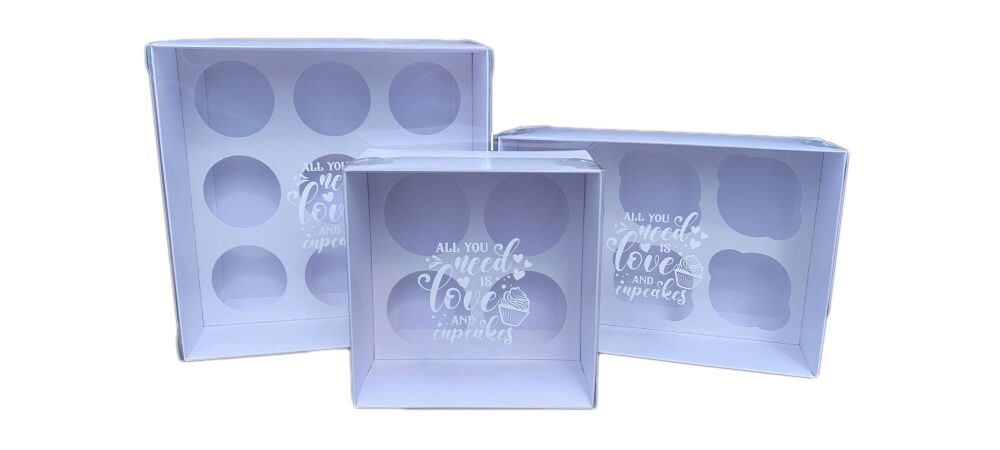 Valentine's Cupcake Boxes With Inserts and White foiled Clear Lid "All you need is love & cupcakes" (Size to be chosen and Price will vary) Pack of 10