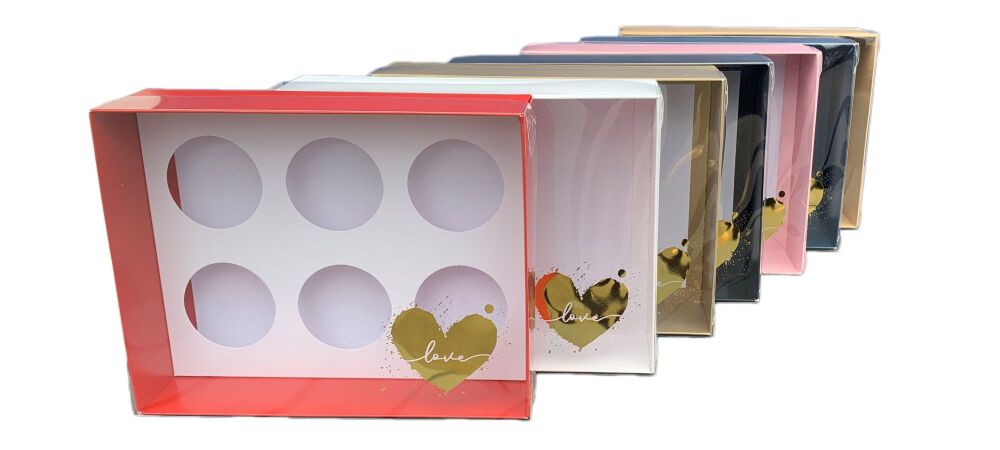 Valentine's 70mm Deep 6pk Cupcake Box (Colour to be chosen) With Foiled Gold Heart Clear Lid and White Insert - 250mm x 195mm x 70mm -