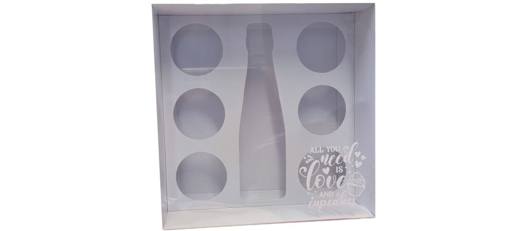 Valentine's White 6pk Cupcake and Mini Bottle Box & insert, With White  "All you need is love & cupcakes " foiled on Clear Lid - 230 x 230 x 90mm  Pac