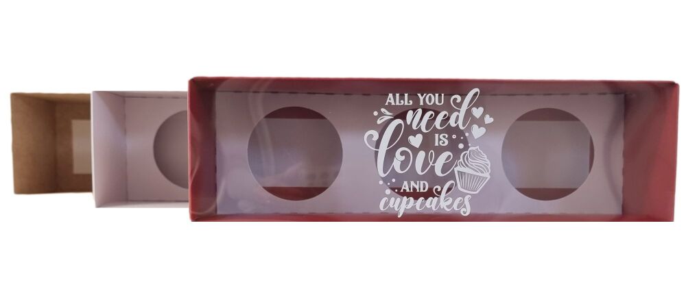 Valentine's 3pk Cupcake Box With White Foiled Clear Lid and Insert (Colour to be chosen & price will vary)  - 270mm x 80mm x 90mm - Pack of 10
