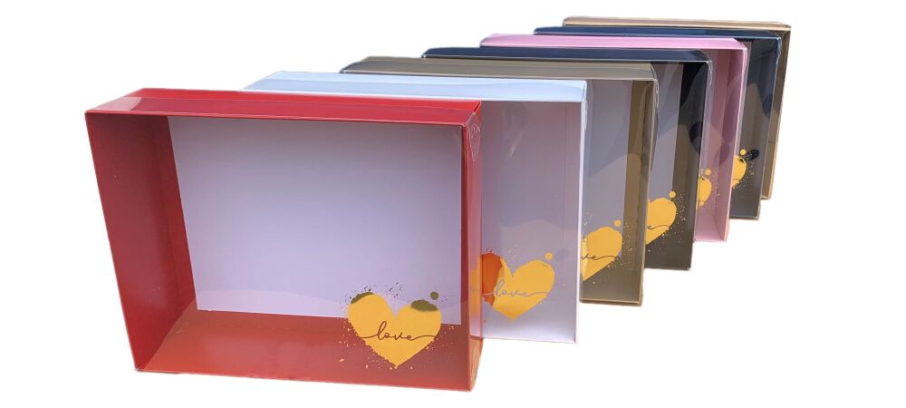 Valentine's 70mm Hamper Box (Colour to be chosen) With Foiled Gold Heart Clear Lid  - 250mm x 195mm x 70mm -