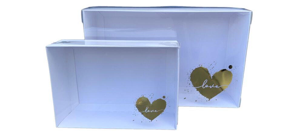 White 50mm Deep Gift Box With Gold Love Heart Foiled Clear Lid  (Size to be chosen and price will vary) Pack of 10