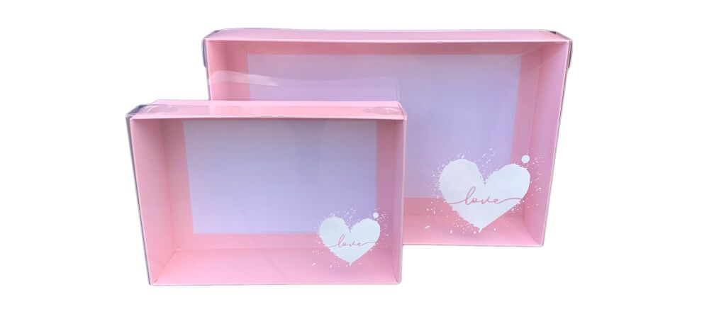 Pink 50mm Deep Gift Box With White Love Heart Foiled Clear Lid  (Size to be