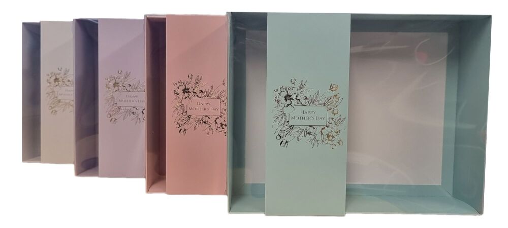 Mother's Day Hamper Boxes With Clear Lid &  Gold Foiled Belly Band  (Colour to be chosen)- 250mm x 195mm x 70mm- Pack of 10