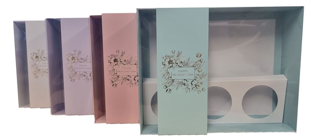 Mother's Day Hamper Boxes With Clear Lid, Grey Foiled Belly Band & 3PK Cupc
