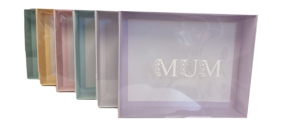 Mother's Day Hamper Boxes With White Foiled "MUM" Clear Lid  (Colour to be chosen)- 250mm x 195mm x 70mm- Pack of 10