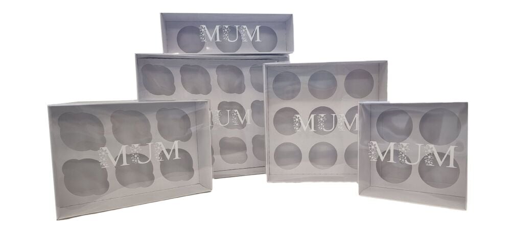 Mother's Day Cupcake Boxes With Inserts and White Foiled Clear Lid (Size to