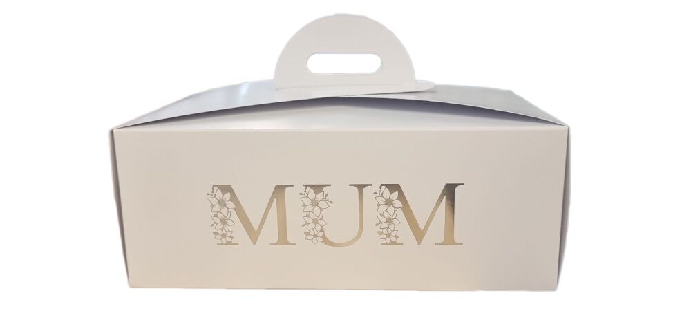 Mother's Day White Afternoon Tea Handle Presentation Box, Silver Foil With white divider insert - 222mm x 152mm x 85mm - Pack of 10