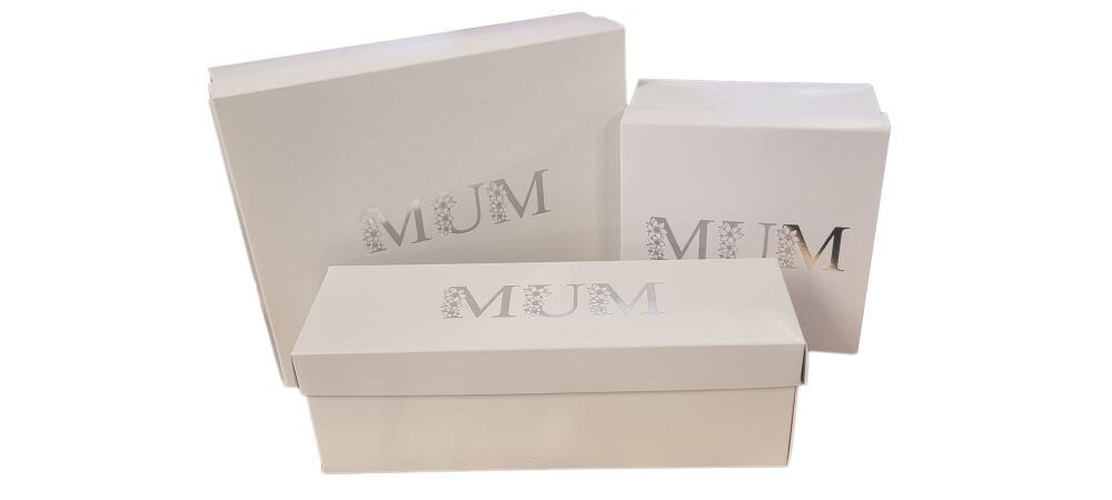 Mother's Day  White Gift Hamper Box Range With Non Window Lid and Silver Fo