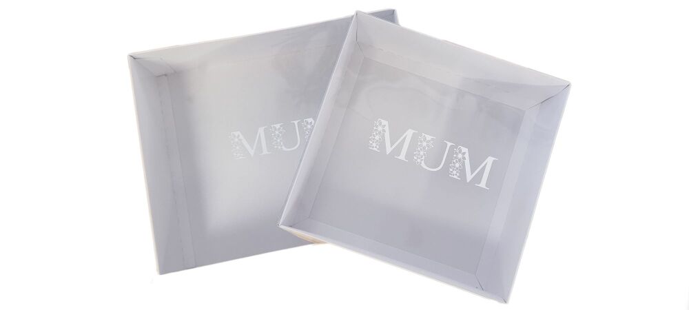 Mother's Day White 90mm Deep Hamper Box with Clear Lid, White Foiled 