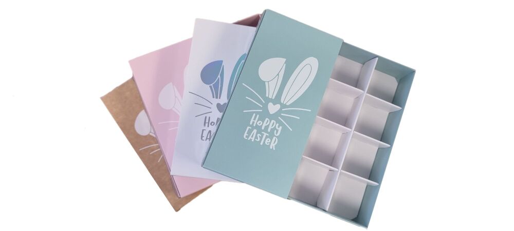 Easter 16pk Chocolate Box With Clear Lid & Insert and White Foiled Belly Band (Colour to be chosen) - 155mm x 155mm x 30mm - Pack of 10