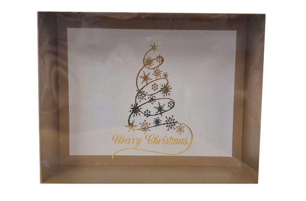Gold Christmas Hamper Box With Gold Foiled Christmas Tree On Clear Lid  - 250mm x 195mm x 70mm- Pack of 10