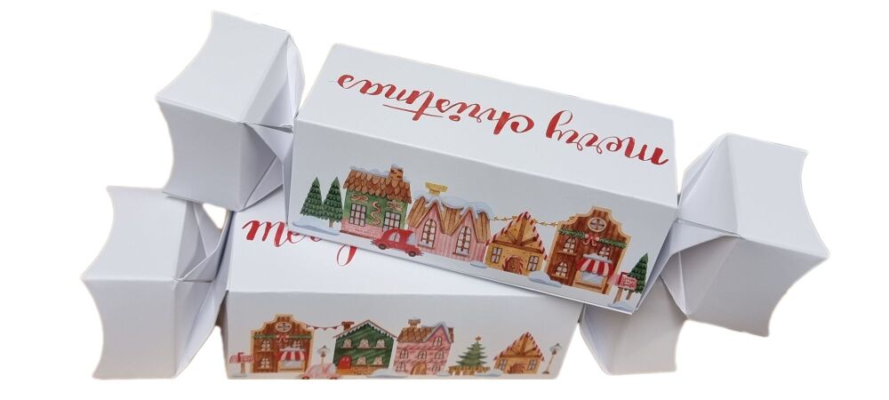 White Small Twist-End Cracker With Printed Christmas House Sleeve  - Pack of 10