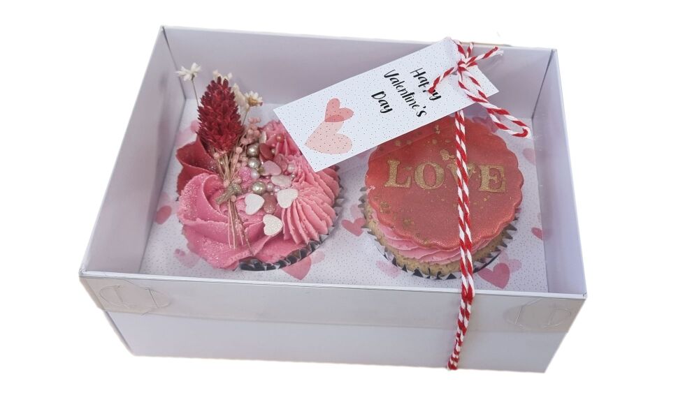 Valentines 70mm Deep 2pk Cupcake Box with Clear Lid, Printed Insert & Tag (Twine not included) - 165mm x 115mm x 70mm- Pack of 10