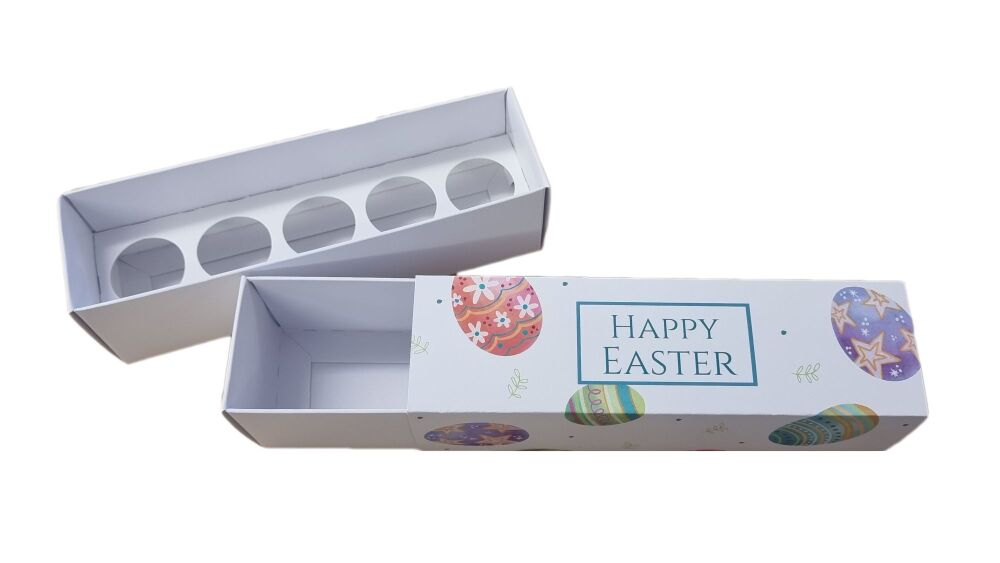 Easter 5pk Truffle Box or 6pk Macaron Box with White Base, insert, and Printed Egg Sleeve - 185mm x 52mm x 52mm - Pack of 10
