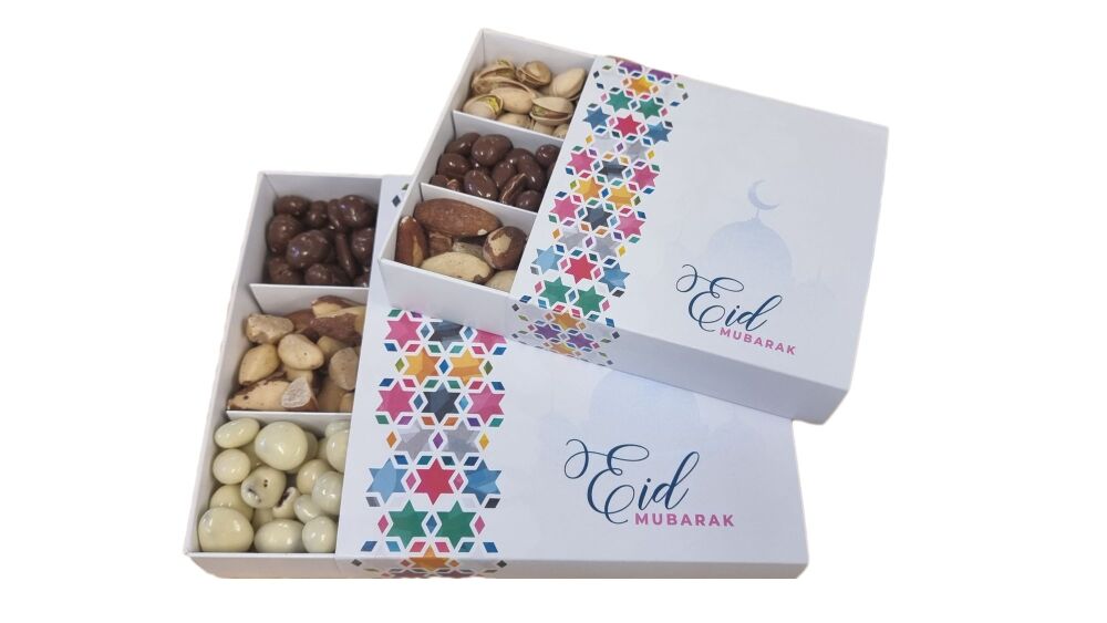 Eid Square 3pk Square Cavity Row Box with insert & Printed Full Sleeve (Size to be chosen & price will vary) - 118mm x 118mm x 30mm/155mm x 155mm x 30