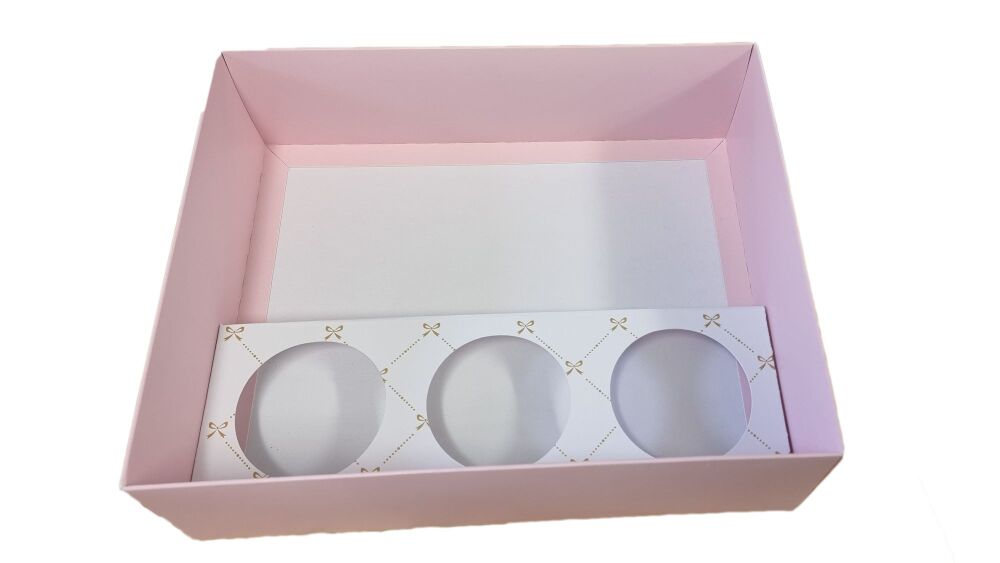 Pink Boutique Hamper Box With Clear Lid  & 3pk Cupcake Insert - 250mm x 195