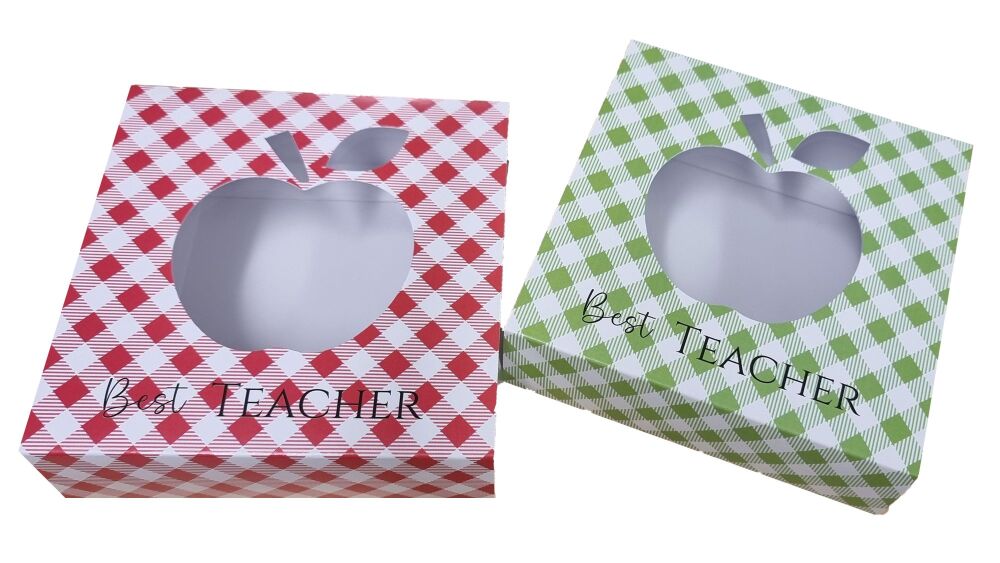 Teacher Medium White Cookie Box With Clear Lid, Printed Gingham Apple Aperture Sleeve - ( Sleeve Colour to be chosen) 118mm x 118mm x 30mm - Pack of 1