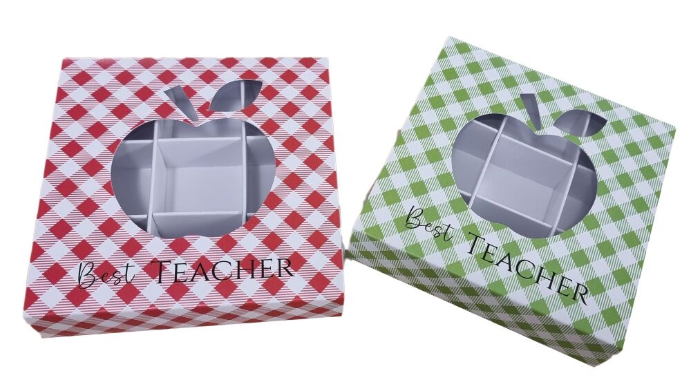 Teacher's  9pk Chocolate White Box With Clear Lid, Printed Gingham Apple Aperture Sleeve & Insert-(Sleeve Colour to be chosen) 118mm x 118mm x 30mm - 