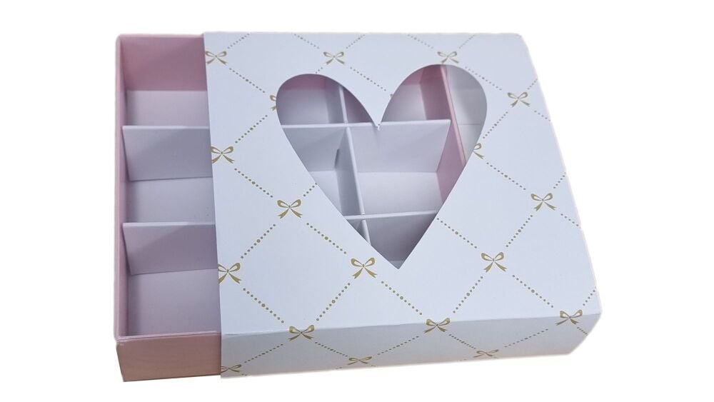 Boutique Range  9pk Chocolate Box With Clear Lid, Printed Heart  Aperture Sleeve, Pink Base & Insert - 118mm x 118mm x 30mm - Pack of 10