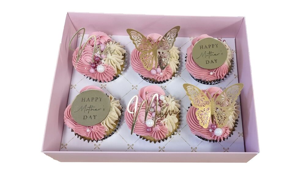 Boutique  6pk Cupcake Box (colour to be chosen) With Clear Lid & Gold printed Insert - 250mm x 195mm x 70mm- Pack of 10