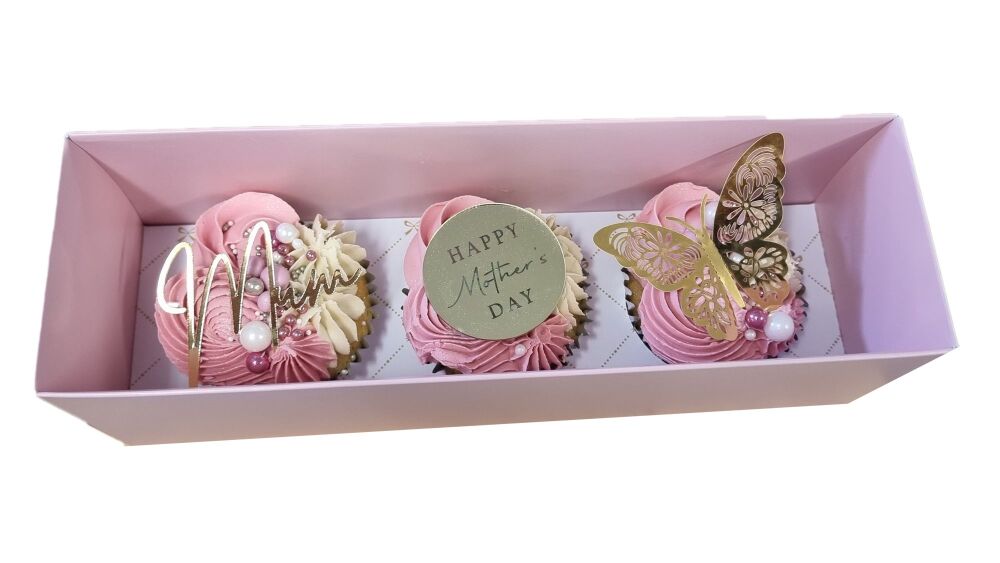 Boutique 90mm Deep 3pk Cupcake Box (colour to be chosen) With Clear Lid &  Printed Insert   - 270mm x 80mm x 90mm - Pack of 10