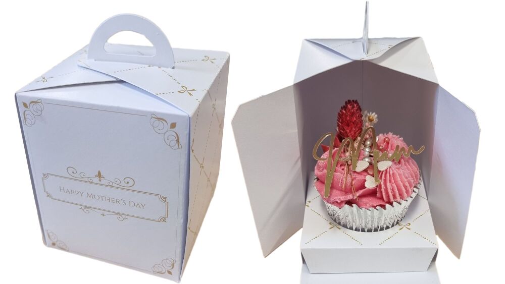White Mother's Day Print Single Cupcake Box -80mm x 80mm x 100 mm - Pack of