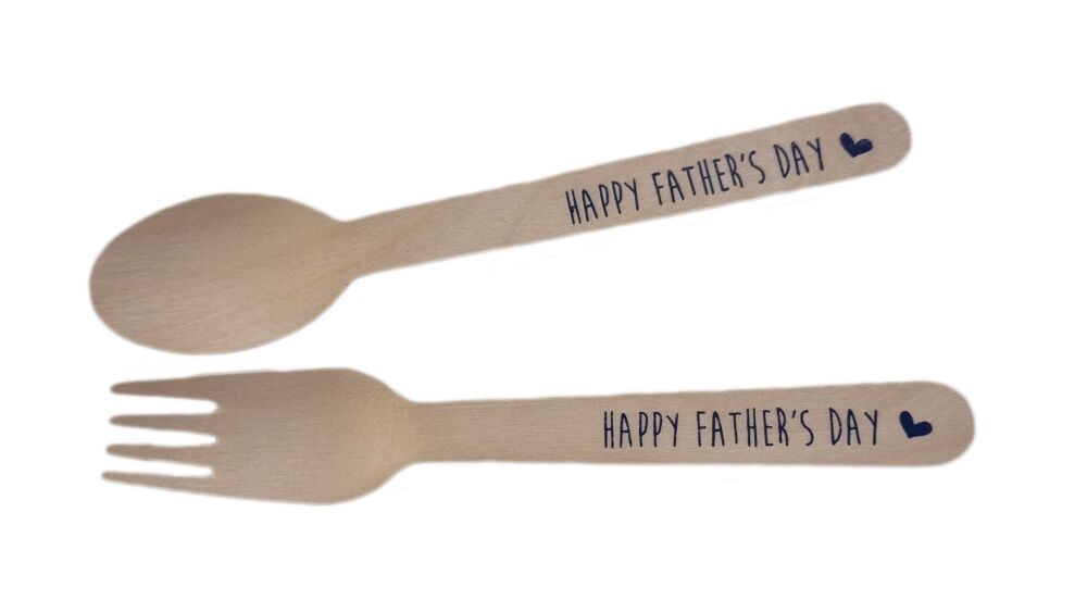 "Happy Father's Day"  Navy Foiled Wooden Fork or Spoon (Style to be chosen) - 166mm -  Pack of 10