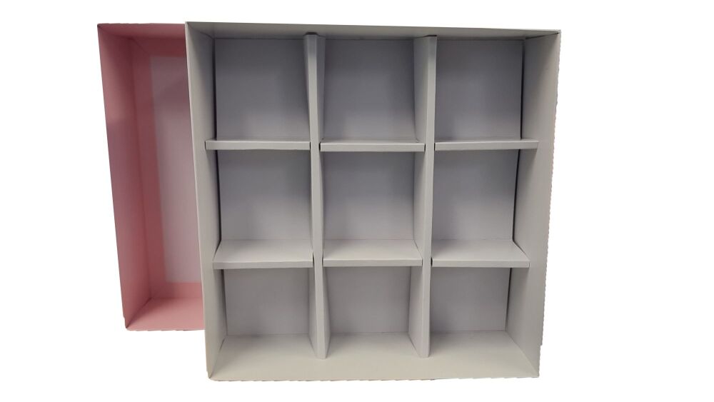 Large Square 9pk Cavity Box With White Base, Insert and Clear Lid (Colour to be chosen)- 230mm x 230mm x 90mm - Pack of 10