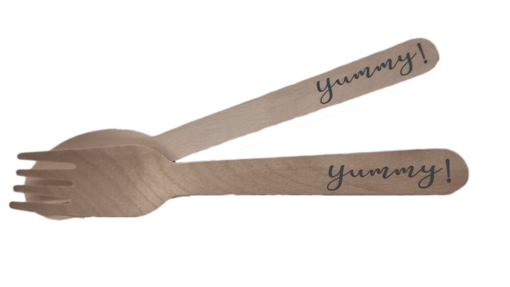 "Yummy"  Grey Foiled Wooden Fork or Spoon (Style to be chosen) - 166mm -  Pack of 10