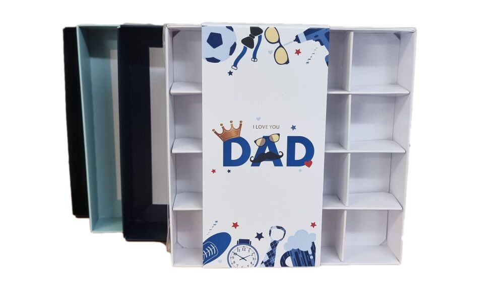 Father's Day 16pk Chocolate Box With Clear Lid & Insert and Printed Belly Band (Colour to be chosen) - 155mm x 155mm x 30mm - Pack of 10