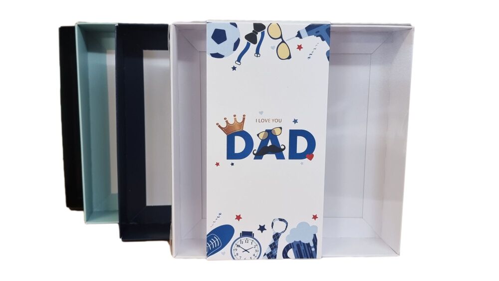 Father's Day Large Square Cookie Box With Clear Lid and Printed Belly Band (Colour to be chosen)-- 155mm x 155mm x 30mm -  Pack of 10