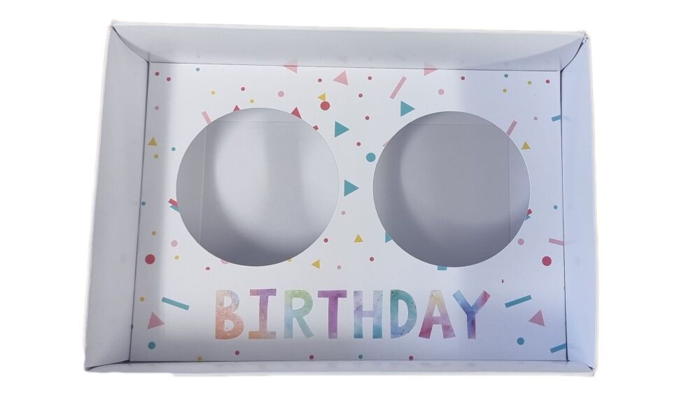 Happy Birthday 70mm Deep 2pk Cupcake Box with Clear Lid & Printed Insert  - 165mm x 115mm x 70mm- Pack of 10