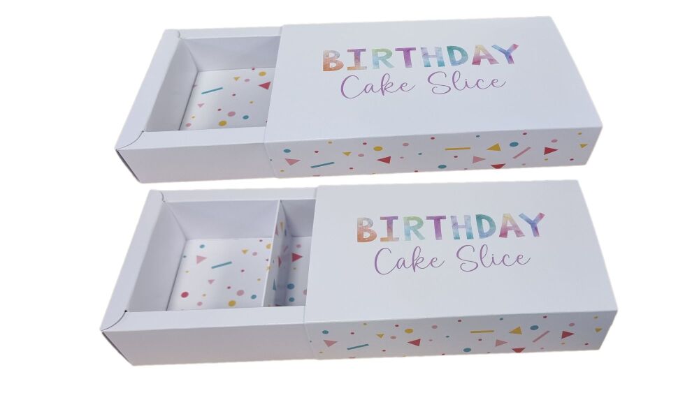 Birthday Cake Slice Box With Printed Sleeve &  2 x Inserts - Outer - 150mm x 95mm x 35mm - Pack of 10
