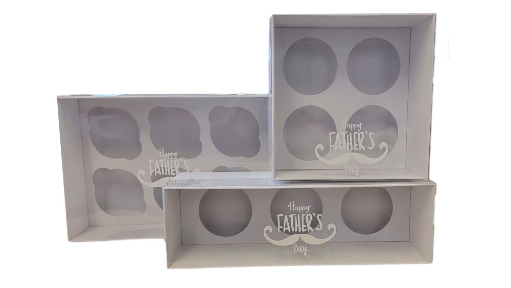 Father's Day White Cupcake Boxes With Inserts and Navy Foiled Clear Lid (Si