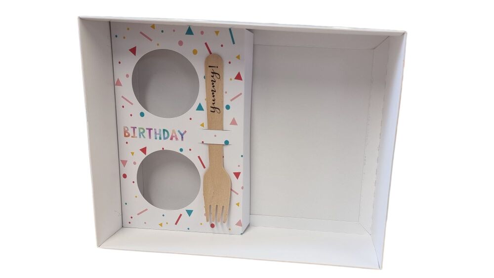 Birthday Hamper Box (colour to be chosen) With Clear Lid  & 2pk Printed Cupcake & Fork/Spoon Holder Insert (Fork not included) - 250mm x 195mm x 70mm