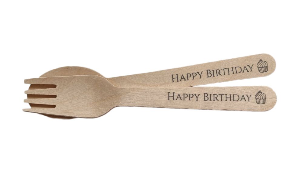 "Happy Birthday"  Grey Foiled Wooden Fork or Spoon (Style to be chosen) - 166mm -  Pack of 10