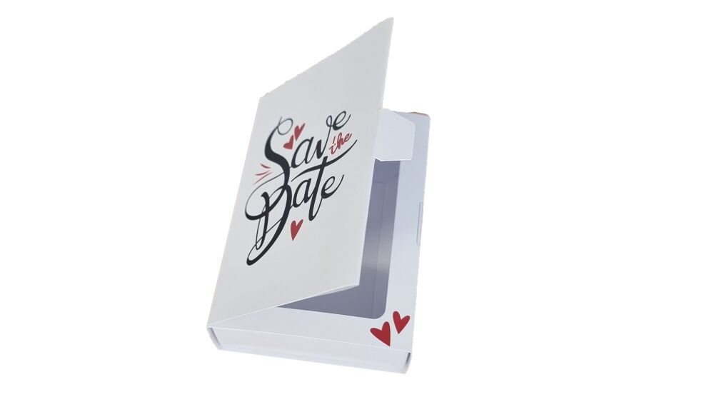 "Save the Date" Single Libro Cavity Box  with Printed Sleeve & White Base  115mm x 80mm x 30mm (Colour to be chosen ) Pk of 10