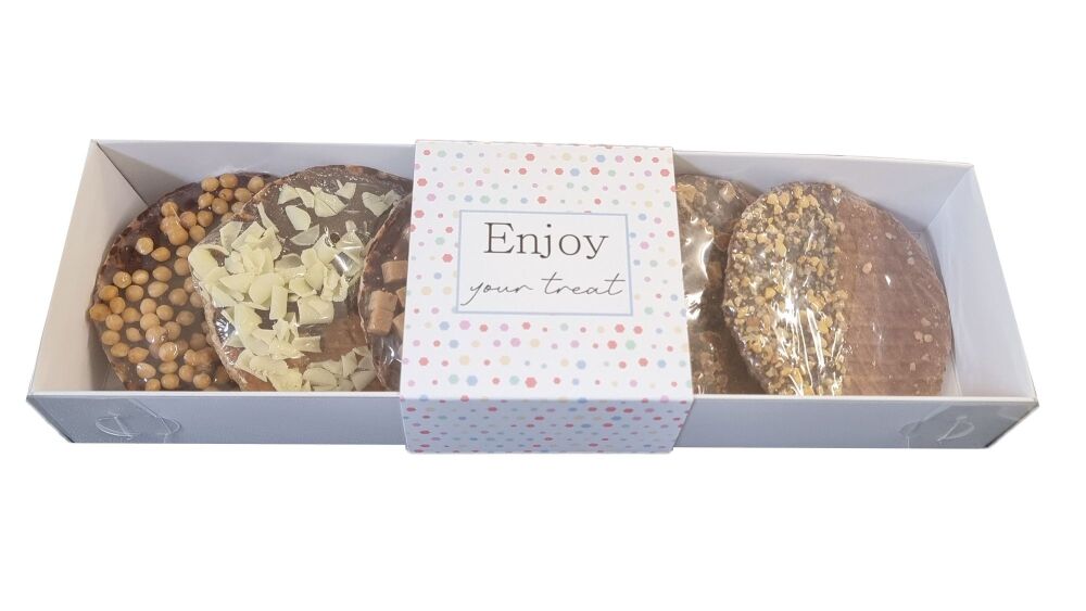 "Enjoy your Treat" 40mm Deep Long Rectangle Box With Clear Lid & Printed Belly Band- 270mm x 80mm x 40mm - Pack of 10