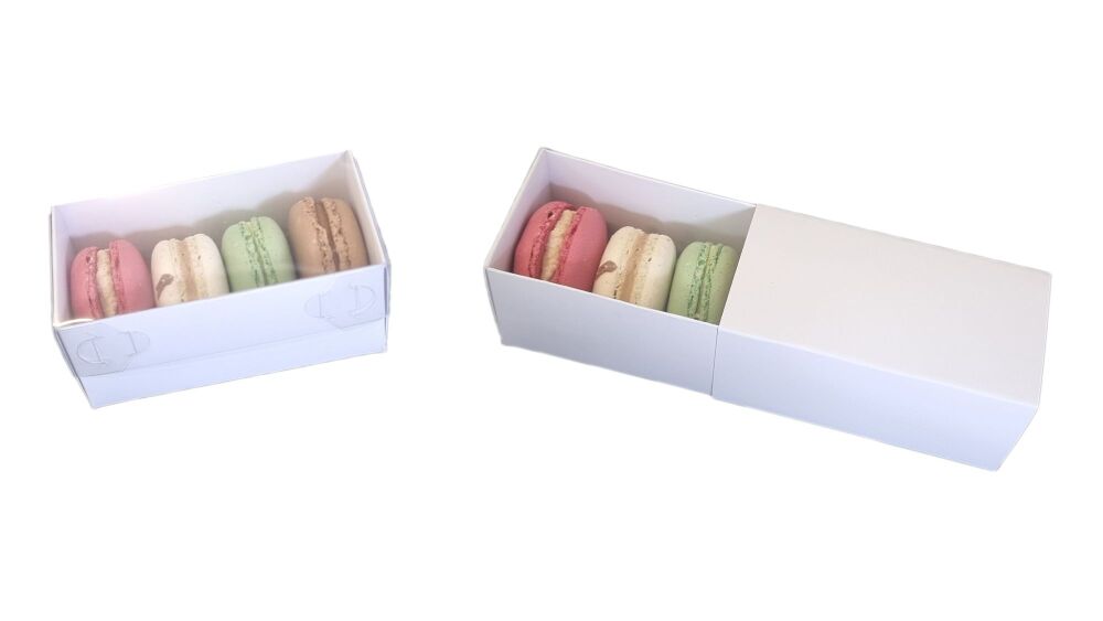 White 4pk Macaron Box With Clear Lid or Non Window Sleeve- (Lid to be Chosen) 100mm x 50mm x 50mm - Pack of 10