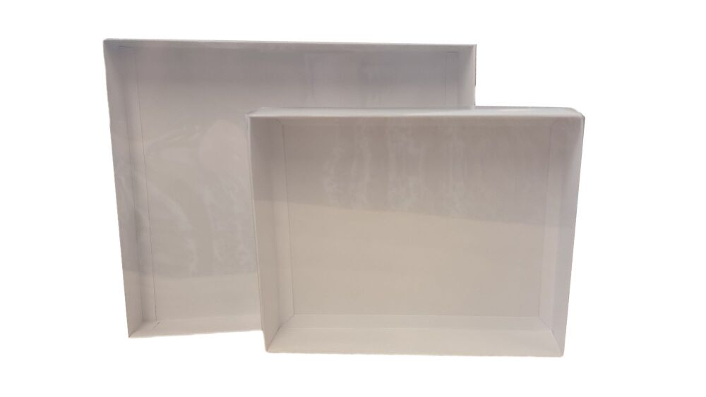 NEW White 50mm Deep Hamper & Large Base With Clear Lid (size to be chosen & price will vary)250 x 195 x 50mm/ 315 x 250 x 50mm   - Pack of 10