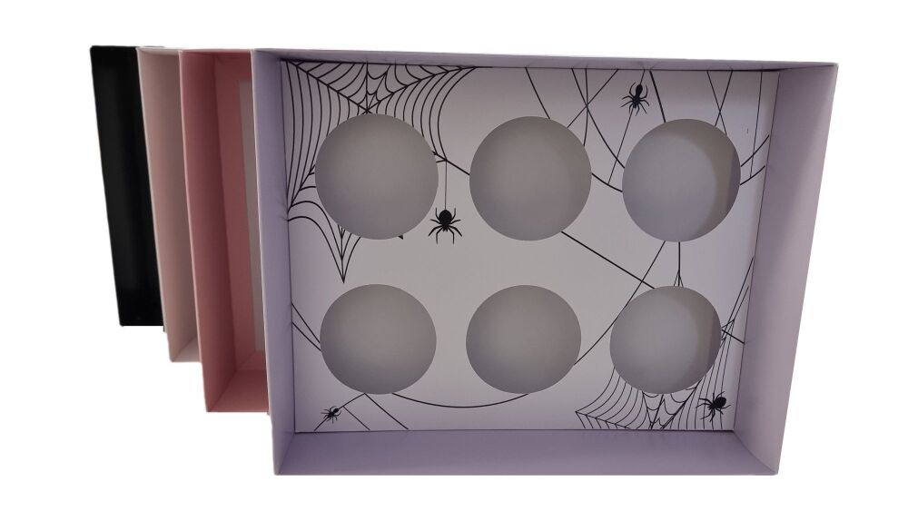 Cobweb Design 70mm Deep 6pk Cupcake Box (Base Colour to be chosen) With Printed Insert & Clear Lid  - 250mm x 195mm x 70mm - Pack of 10