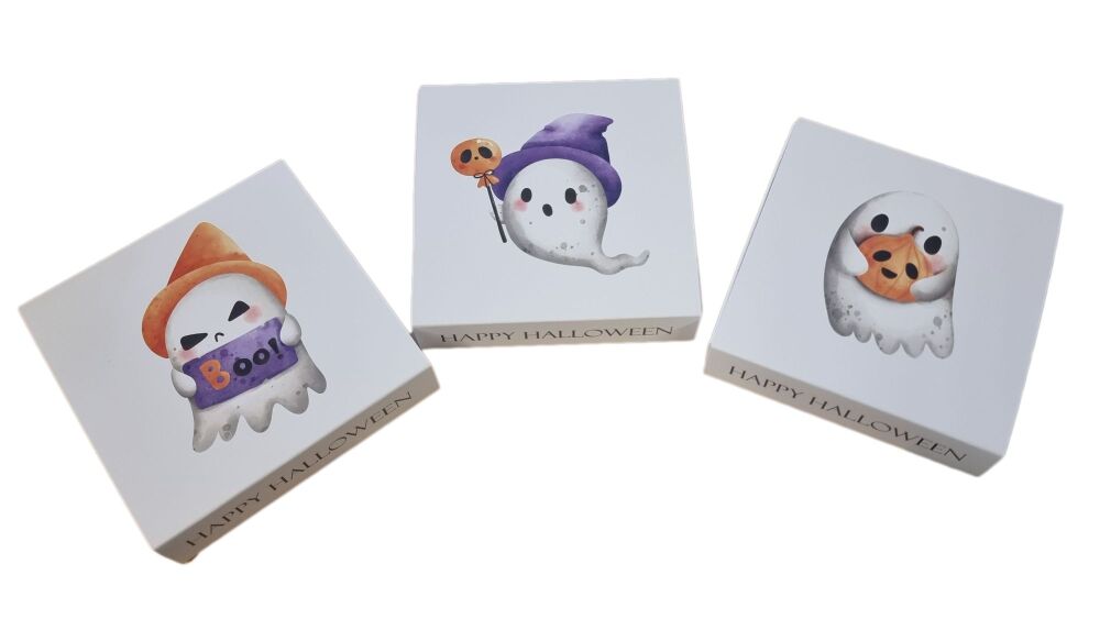 Halloween Ghost Print Single Cookie Box With White Base(Design to be chosen) - 93mm x 93mm x 20mm - Pack of 10