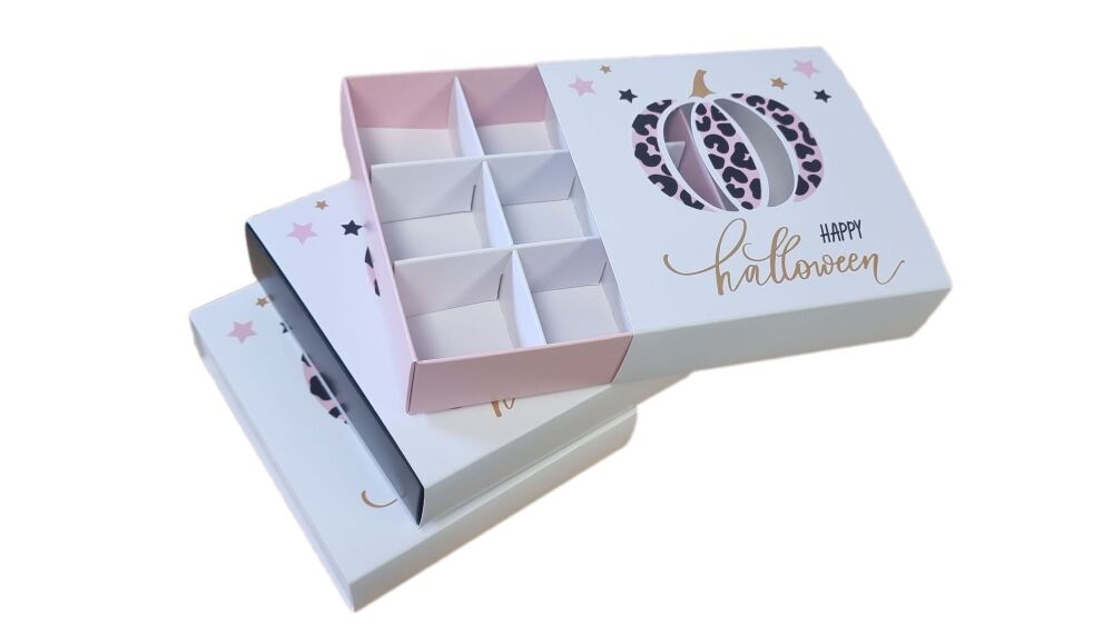 Pink Pumpkin print  9pk Chocolate Box  with Full Printed Aperture Sleeve & Coloured Base (Colour to be chosen) - 118mm x 118mm x 30mm - Pack of 10