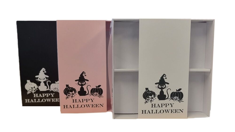 Halloween 4pk Large Square Brownie Box With Clear Lid, Insert and foiled  Black Cat belly bands (Colour to be Chosen)- 155mm x 155mm x 30mm - Pack of 